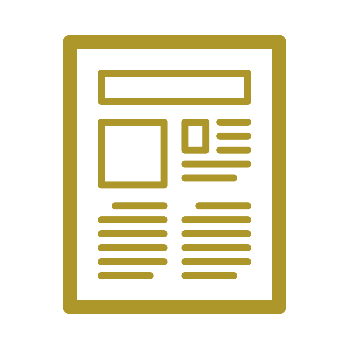 Icon of a piece of paper with lines and shapes indicating texts and graphics in gold