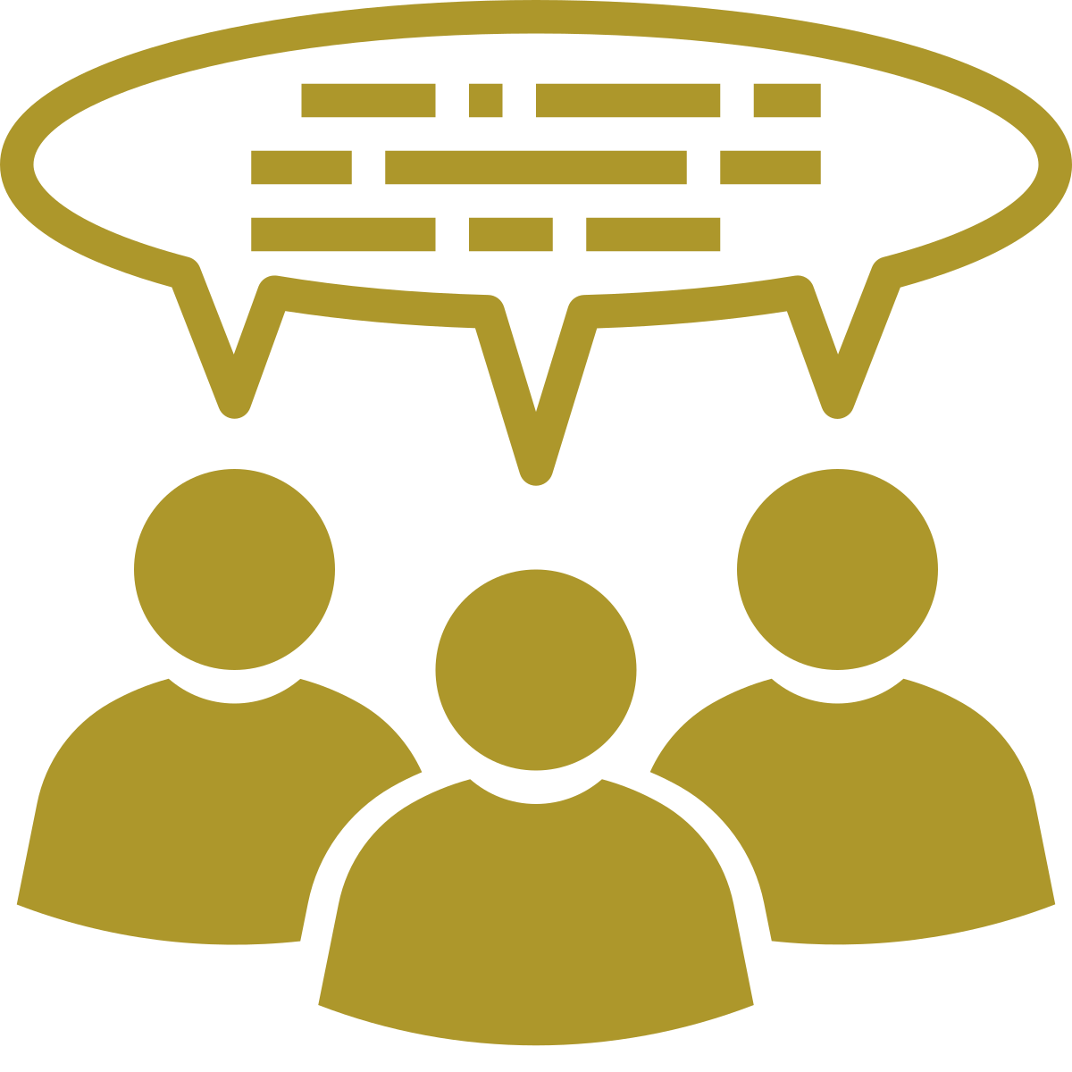 Icon of three people with a chat bubble over their heads in gold