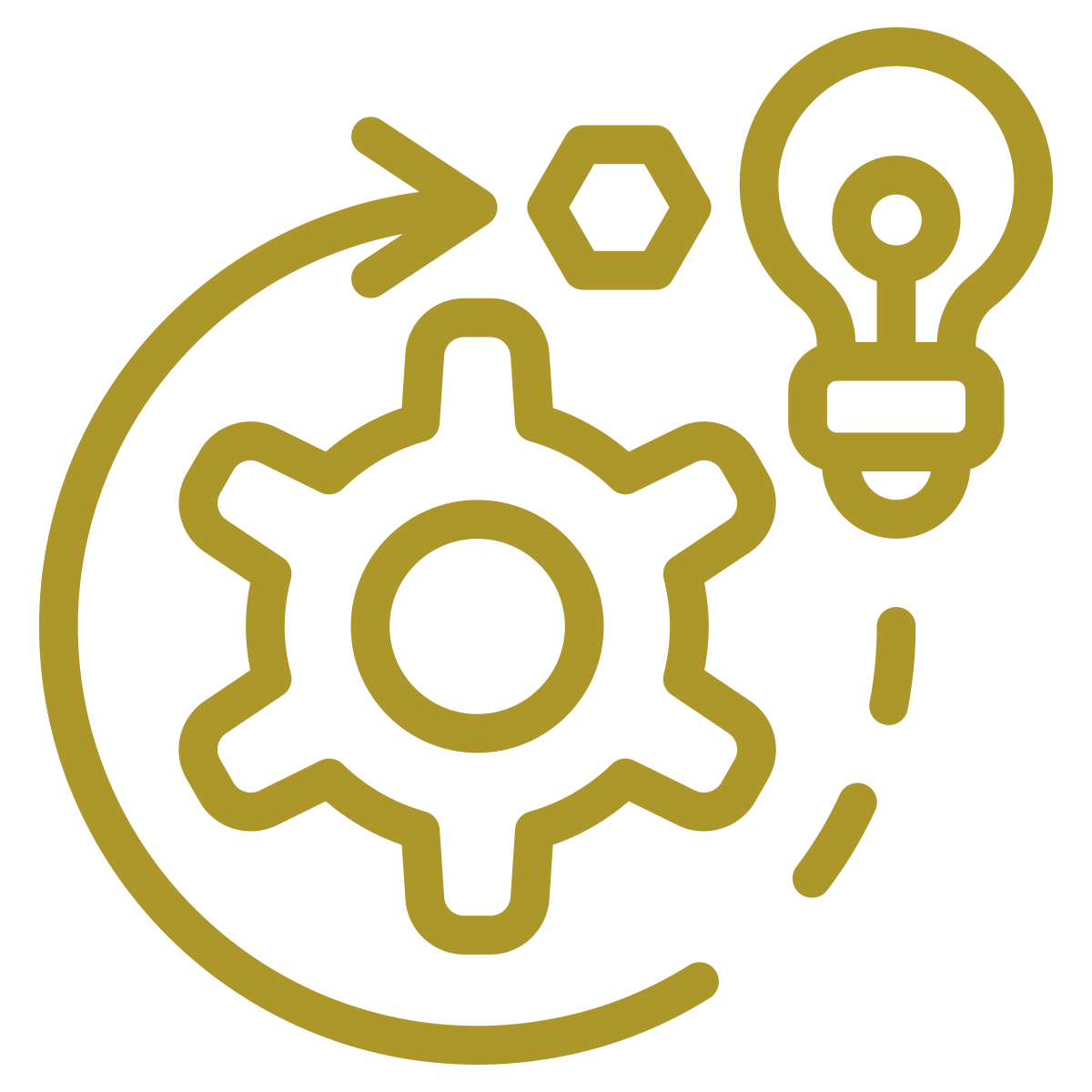 Icon of a cog and lightbulb with an arrow going around them, indicating ideas