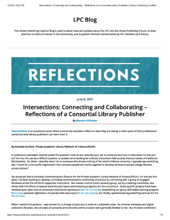 Intersections: Connecting and Collaborating – Reflections of a Consortial Library Publisher Thumbnail
